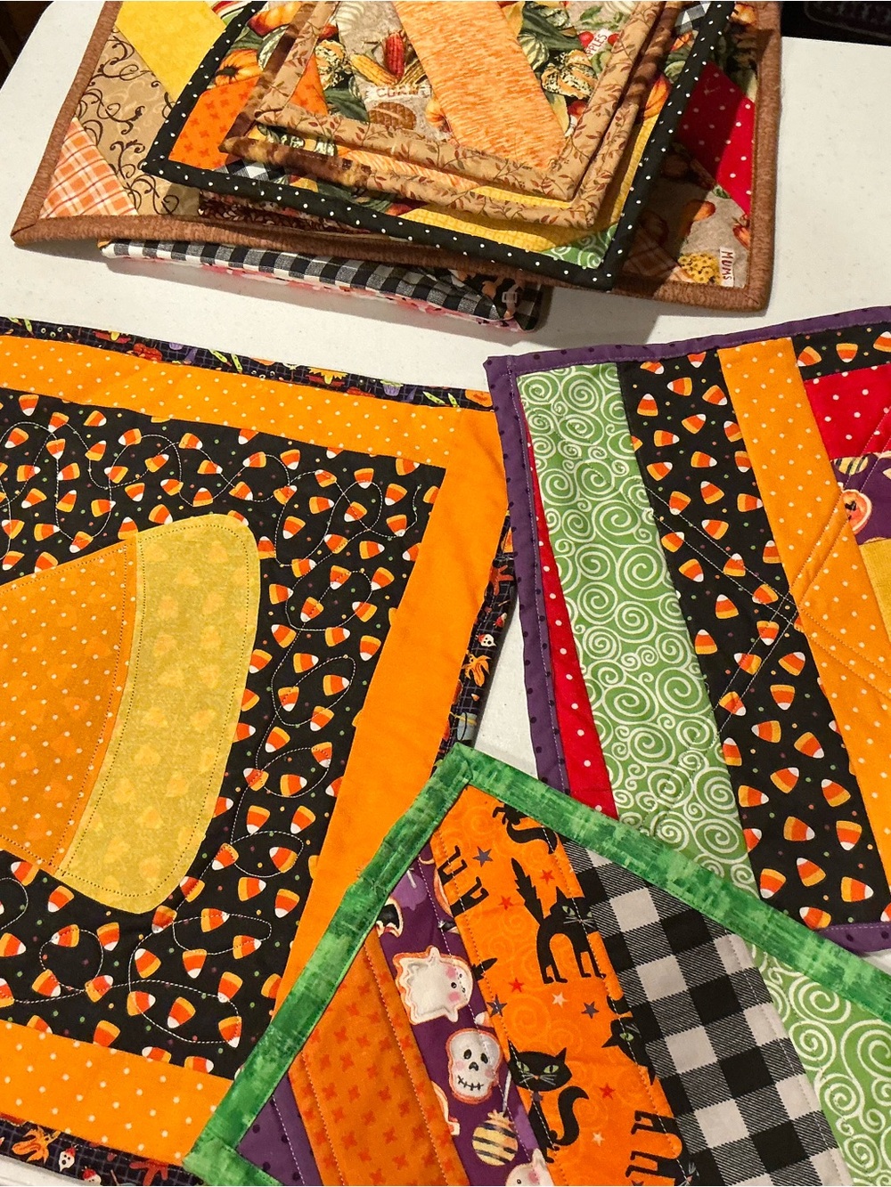 Hand Crafted Halloween Patchwork Placemats in Orange, Black, Green, Purple